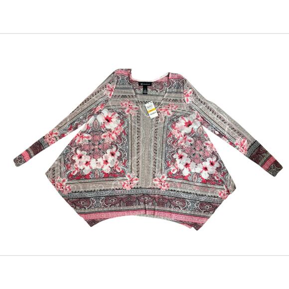 I.N.C. Womens Pink Floral Mesh Cover up Top V-Neck Handkerchief Hem Size Small - Picture 5 of 8